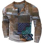 cheap Geometrical-Men&#039;s Graphic Geometic Henley Shirt Waffle T Shirt Long Sleeve 3D Print Designer Retro Vintage Ethnic Sports Outdoor Holiday Festival Spring &amp;  Fall Blue Purple Brown Gray Henley Henley T-Shirt