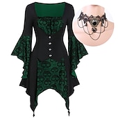 economico Outfit-set con camicetta medievale con maniche a campana tatuaggio in pizzo collana girocollo 2 pezzi retro vintage punk stile gotico abiti da streghe costume cosplay da donna festa di carnevale casual