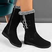 baratos Botas de neve e inverno-botas de inverno femininas de cano médio com forro de pele sintética e tiras de fivela – botas de neve impermeáveis de camurça quente para clima frio