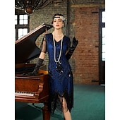 cheap Outfits-Retro Vintage Roaring 20s 1920s Flapper Dress Outfits Accessories Set The Great Gatsby Wedding Guest Sequins Tassel Fringe Sequin Tassel V Neck Women&#039;s Halloween Carnival Masquerade Carnival Party