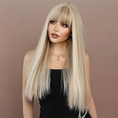 baratos Perucas Sintéticas sem Touca-Perucas sintéticas Liso Franja Lisa Peruca Longo A1 A2 A3 Cabelo Sintético Mulheres Design de moda Macio Natural Rosa Cinzento Escuro Loiro