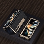 cheap Samsung Cases-Leather Phone Case for Samsung Galaxy Z Fold 5 4 3 Fold4 Fold5 Gold Plating Magnetic Hinge Stand Back Cover with Mirror Film