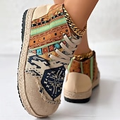 baratos Botas de tornozelo-tênis feminino boêmio com cadarço – calçados casuais de lona com estampa étnica e sola trançada, calçados leves e confortáveis para caminhada, uso diário e viagens