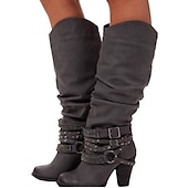 olcso Slouch Boots-női bézs lompos, térdig érő csizma csattal és szegecsekkel, vintage western stílusú őszi és téli alkalmi viselethez