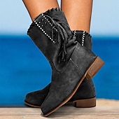 cheap Cowboy &amp; Western Boots-Women&#039;s Beige Suede Western Boots with Fringe and Studded Details – Casual Cowgirl Style for Outdoor and Festival Wear