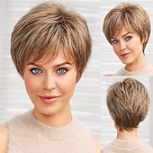 abordables perruque plus âgée-Perruques courtes blondes brunes pour femmes, perruque bouclée de lutin en fibre à mémoire de forme avec frange, cheveux naturels à usage quotidien (couleur jr14 #)