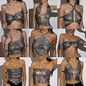 cheap Sexy Costumes-Metallic Sparkle Sexy Crop Tank Top Sheer Mesh Rhinestone Cover Up Disco Solid Color Deep V Women&#039;s Carnival Party Club Adults&#039; Tank Top