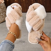 preiswerte Damenslipper &amp; Flip-Flops-Flauschige Plüsch-Hausschuhe mit Querriemen für Damen – weiche Hausschuhe aus Fleece für den Innenbereich für Komfort und Wärme