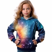 billiga Flickans 3D Vision &amp; Skinande-Flickor 3D Galax Huvtröja Pullover Långärmad 3D-tryck Höst Vinter Aktiv Mode söt stil Barn 3-12 år Utomhus Ledigt Dagligen Normal