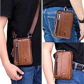 cheap Men&#039;s Bags-Sleek Brown Leather Vertical Sling Bag - Compact Men&#039;s Crossbody Bag with Multiple Zippered Pockets, Ideal for Daily Use and Travel