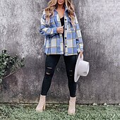 cheap Sherpa Jackets-Women&#039;s Shirt Blouse Fashion Plaid Buttons Pocket Print Long Sleeve Regular Tops Shirt Collar Casual Black Red Green Khaki Spring &amp;  Fall