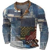 cheap Geometrical-Men&#039;s Graphic Geometic Henley Shirt Waffle T Shirt Long Sleeve 3D Print Designer Retro Vintage Ethnic Sports Outdoor Holiday Festival Spring &amp;  Fall Blue Purple Brown Gray Henley Henley T-Shirt