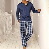 economico Pigiami-Per uomo Abbigliamento da Casa Pigiami Set Pigiama Top e pantaloni del pigiama 2 Pezzi Plaid Elegante Casual Comfort Casa Quotidiano Poliestere Comodità Henley Manica Lunga Maglietta Pantalone