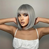economico parrucca più vecchia-parrucche bob diritte grigio argento corte per le donne parrucca di capelli a strati pixie grigio argento parrucca sintetica ondulata naturale shaggy per la festa quotidiana