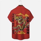 cheap Animal Print-New Year Men&#039;s Dragon Shirt Button Up Shirt Short Sleeve Casual Daily Wear Going out Weekend Autumn / Fall Turndown Print Button-Down Yellow Red Burgundy