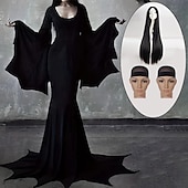 economico Orrore Classico-set con abito a sirena gotico parrucca lunga nera 2 * cuffie per parrucca famiglia Addams strega morticia addams abito lungo nero punk da donna per adulti&amp;amp; costumi di halloween facili da