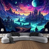 رخيصةأون Tapestries Blacklight-نسيج أسود يتفاعل مع الأشعة فوق البنفسجية ويتوهج في الظلام للحفلات المضيئة النيونية الضبابية المصرية المعمارية معلقة على الحائط لتزيين غرفة المعيشة وغرفة النوم