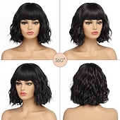 abordables perruque plus âgée-Perruque courte noire avec frange, cheveux naturels synthétiques pour femmes, longueur d&#039;épaule ondulée, vague d&#039;eau (12 pouces)