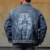 billige grafiske jakker og kåper for menn-Herre Dyr Tiger Frakk Jean jakke Denimjakker Pustende Bekvem Fritid Sport &amp; Utendørs Ut på byen Helg Knapper Trykt mønster Høst vinter Aftæpning Langermet Svart Blå