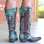 levne Cowboy &amp; Western Boots-dámské tyrkysové a hnědé westernové kovbojské boty z umělé kůže se zdobením a cvočkovými detaily - vysoké boty ke kolenům pro rodeo a festivalové nošení