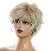 tanie Peruki najwyższej jakości-Peruki syntetyczne Prosta Fryzura Pixie Peruka Krótkie Blond Włosie synetyczne Damskie Modny design Miękka Natutalne Złoty
