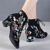 abordables Chaussures de danses latines-chaussures de danse à lacets à fleurs noires pour femmes – talon bas confortable, parfait pour la danse latine, de salon et sociale
