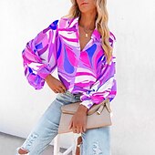 cheap Women&#039;s Graphic Tops-Women&#039;s Shirt Blouse Fashion Buttons Print Long Sleeve Regular Tops Shirt Collar Casual Blue Purple Green Gray Spring &amp;  Fall