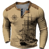 levne Vintage &amp;amp; Retro-Pánské Loď Námořnický Kompas Tričko Henley Waffle Tričko Dlouhý rukáv 3D tisk Designové Retro Na běžné nošení Outdoorové sporty Dovolená Festival Jaro &amp; podzim Světle hnědá Vodní modrá Hnědá Trávov