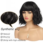 abordables perruque plus âgée-Perruque courte noire avec frange, cheveux naturels synthétiques pour femmes, longueur d&#039;épaule ondulée, vague d&#039;eau (12 pouces)