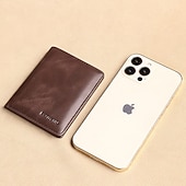 tanie Torby męskie-męski brązowy skórzany portfel składany na pół z blokadą RFID, okienkiem na identyfikator i wieloma przegródkami na karty, smukły portfel antykradzieżowy do użytku biznesowego, w podróży i na co dzień