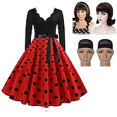 cheap Outfits-Set with Polka Dots Vintage Dress Beehive Curl Hair Wig 2* Wig Caps 4 PCS 1950s Retro Vintage Tea Dress A-Line Dress Rockabilly Flare Dress Women&#039;s Costume Christmas Homecoming