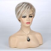 baratos peruca mais velha-Perucas loiras curtas em camadas para mulheres sintéticas resistentes ao calor peruca cosplay pixie com touca de peruca