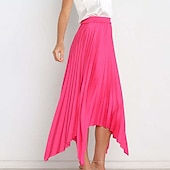 preiswerte Schlichte Röcke-Damen Rock Schaukel Langer Rock Elegant Modisch Maxi Hoher Taillenbund Röcke Einfarbig Gefaltet Asymmetrischer Saum Party Strasse Schwarz Weiß Wein Dunkelgrün Frühling Sommer Satin