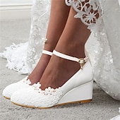 cheap Casual-Women&#039;s White Lace Wedge Wedding Shoes – Elegant Floral Embroidery with Ankle Strap for Brides and Special Occasions
