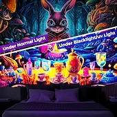 cheap Blacklight Tapestries-Mushroom Wonderland Blacklight Tapestry UV Reactive Glow in the Dark Rabbit Magic World Nature Landscape Hanging Tapestry Wall Art Mural for Living Room Bedroom