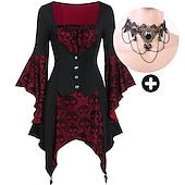 economico Outfit-set con camicetta medievale con maniche a campana tatuaggio in pizzo collana girocollo 2 pezzi retro vintage punk stile gotico abiti da streghe costume cosplay da donna festa di carnevale casual