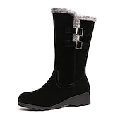 baratos Botas de neve e inverno-botas de inverno femininas de cano médio com forro de pele sintética e tiras de fivela – botas de neve impermeáveis de camurça quente para clima frio