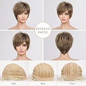 abordables perruque plus âgée-Perruques courtes blondes brunes pour femmes, perruque bouclée de lutin en fibre à mémoire de forme avec frange, cheveux naturels à usage quotidien (couleur jr14 #)
