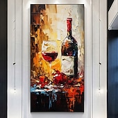 cheap Still Life Paintings-Bottle of Wine Painting Handpainted Glass of Wine Original Art Red Wine Home Room Wall Decor Kitchen Art  Modern Rolled Canvas No Frame