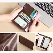tanie Torby męskie-męski brązowy skórzany portfel składany na pół z blokadą RFID, okienkiem na identyfikator i wieloma przegródkami na karty, smukły portfel antykradzieżowy do użytku biznesowego, w podróży i na co dzień