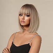 baratos Perucas Sintéticas sem Touca-Prreey bob peruca de cabelo humano feminino peruca loira curta reta 14 polegadas com aba ajustável chá marrom cor natural peruca bob com franja para diariamente (marrom claro)
