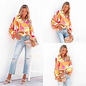 cheap Women&#039;s Graphic Tops-Women&#039;s Shirt Blouse Fashion Buttons Print Long Sleeve Regular Tops Shirt Collar Casual Blue Purple Green Gray Spring &amp;  Fall