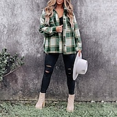 cheap Sherpa Jackets-Women&#039;s Shirt Blouse Fashion Plaid Buttons Pocket Print Long Sleeve Regular Tops Shirt Collar Casual Black Red Green Khaki Spring &amp;  Fall