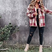cheap Sherpa Jackets-Women&#039;s Shirt Blouse Fashion Plaid Buttons Pocket Print Long Sleeve Regular Tops Shirt Collar Casual Black Red Green Khaki Spring &amp;  Fall