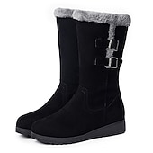 baratos Botas de neve e inverno-botas de inverno femininas de cano médio com forro de pele sintética e tiras de fivela – botas de neve impermeáveis de camurça quente para clima frio