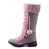 baratos Botas de neve e inverno-botas de inverno femininas de pele sintética preta com cadarços de pompom - isolamento quente, design na altura do joelho, solas antiderrapantes para clima frio e dias de neve
