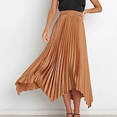preiswerte Schlichte Röcke-Damen Rock Schaukel Langer Rock Elegant Modisch Maxi Hoher Taillenbund Röcke Einfarbig Gefaltet Asymmetrischer Saum Party Strasse Schwarz Weiß Wein Dunkelgrün Frühling Sommer Satin