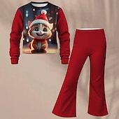 billiga Flickans 3D-tecknad film-Flickor 3D Katt Set Sweatshirt &amp; Flare Pants Set Rosa Långärmad 3D-tryck Höst Vinter Aktiv Mode Dagligen Polyester Barn 3-12 år Rund hals Utomhus Datum Semester Normal
