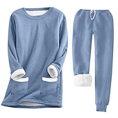 baratos Conjuntos de duas peças-Conjunto de 2 Peças de Calças Quentes Femininas Moda Moleton Calças de Flanela Calças Trousers Manga Longa Decote Redondo Cor Sólida Com Corda Casual Dia-a-Dia Preto Rosa Escuro Azul Outono e Inverno