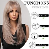 economico Parrucche trendy sintetiche-evidenzia parrucca bionda marrone con frangia parrucche diritte naturali di media lunghezza per donne parrucche sintetiche in fibra resistente al calore per cosplay quotidiano